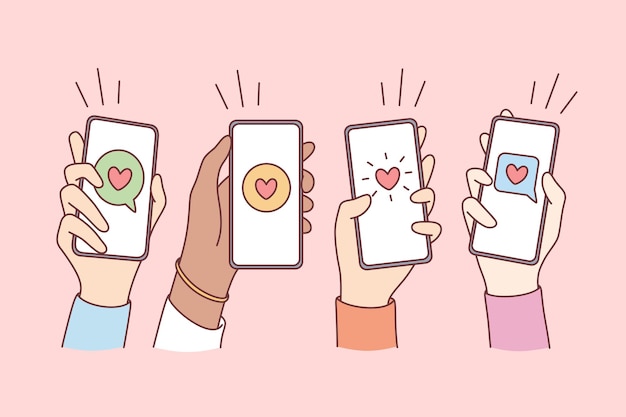 Интернет-знакомства, любовь и мобильная концепция. Руки людей держат смартфоны с сердечками и общаются в чатах на экранах векторная иллюстрация