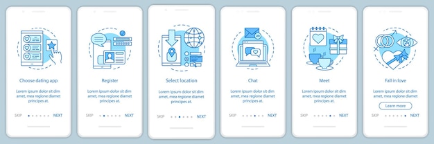 온라인 데이트 온보딩 모바일 앱 페이지 화면 벡터 템플릿. 선형 삽화로 웹 사이트 지침을 선택하고, 등록하고, 채팅하고, 만나고, 사랑에 빠지십시오. UX, UI, GUI 스마트폰 인터페이스 개념
