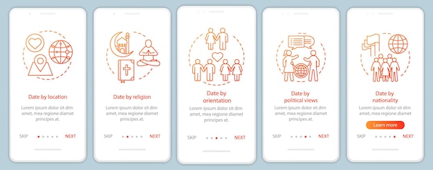 Online dating onboarding mobile app page screen vector template. Date by location, religion, orientation, nationality website instructions with linear illustrations. UX, UI, GUI smartphone interface