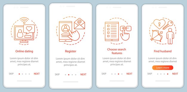 Online dating onboarding mobile app page screen vector template. Register, choose search features, find husband website instructions with linear illustrations. UX, UI, GUI smartphone interface concept