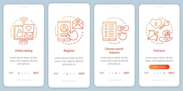 Online dating onboarding mobile app page screen vector template. register, choose search features, find love website instructions with linear illustrations. ux, ui, gui smartphone interface concept