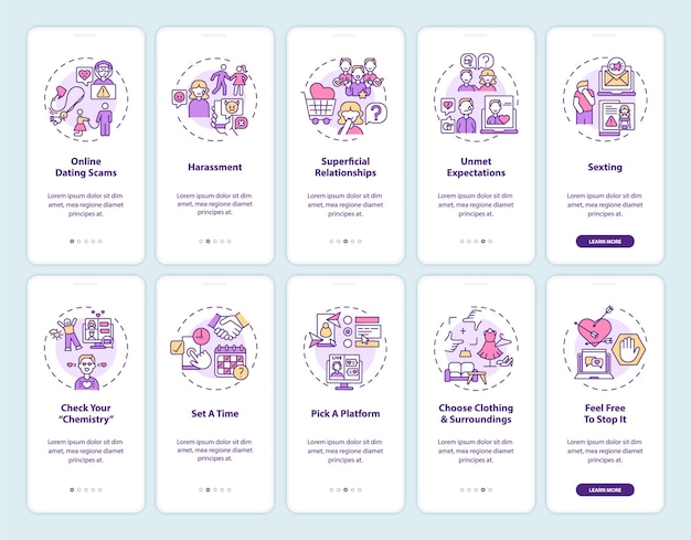 Online dating platform onboarding mobile app page screen with concepts
