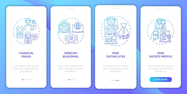 Online dating risks website onboarding mobile app page screen with concepts. Fake dating app walkthrough 4 steps graphic instructions.