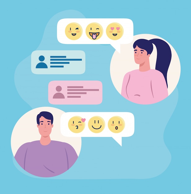 Online dating service applicatie, chat van vrouw en man met emoji's, moderne mensen op zoek naar stel, sociale media, virtuele relatie communicatieconcept