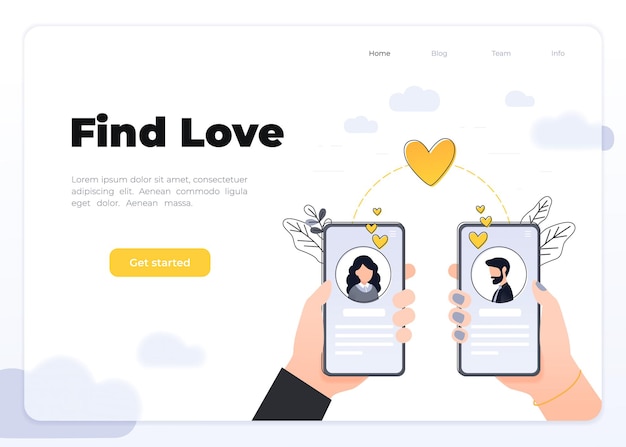 Online dating. virtuele relaties. dating toepassingen concept. platte vectorillustratie met mannelijke en vrouwelijke chatten. liefde vinden. glassmorphism bestemmingspagina concept.