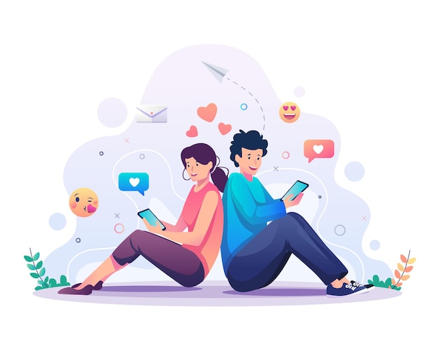 Онлайн-знакомства с парой, прислонившейся друг к другу и болтающей через иллюстрацию смартфона