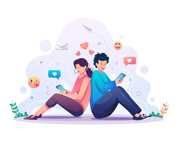 Online dating with couple leaning against each other and chatting via their smartphone illustration