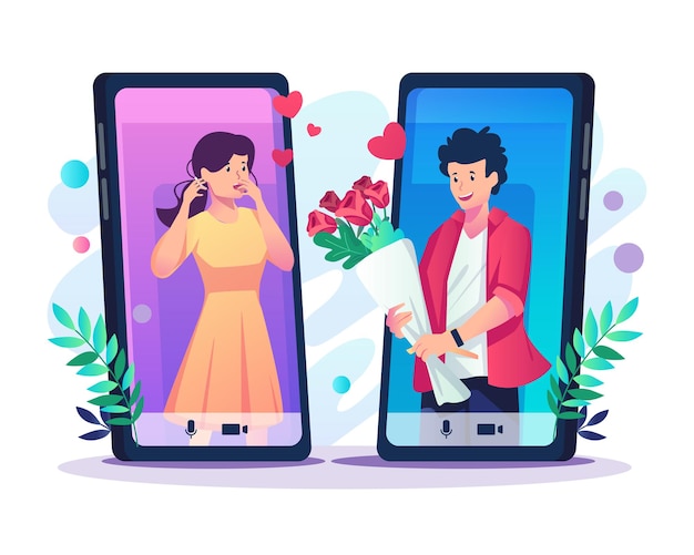 Vector online dating with young lover man giving flowers to her girlfriend through smartphone illustration