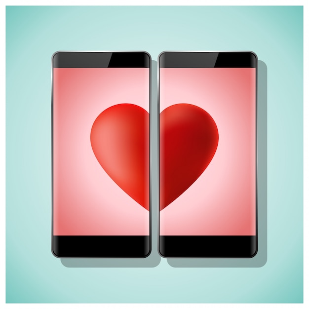 Online datingsconcept met twee smartphones die rood hart op het scherm aanpassen