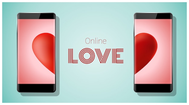 Online datingsconcept met twee smartphones die rood hart op het scherm aanpassen