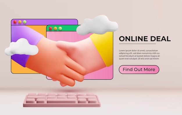 Online deal or online contract concept illustration with two 3d cartoon hands in handshake