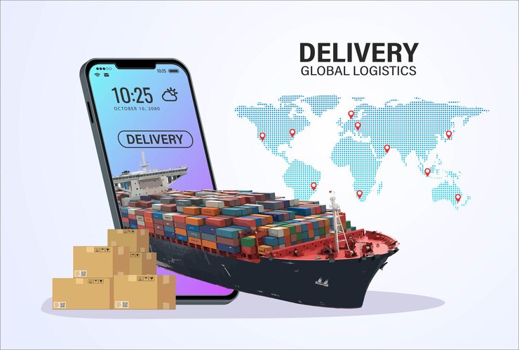 Vector online delivery by container ship on mobile service online order tracking global logistic ship