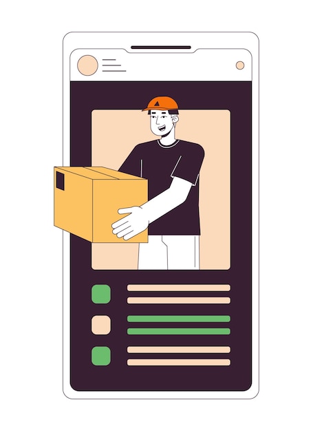 Online delivery by courier flat line concept vector spot illustration app for tracking packages 2d cartoon outline object on white for web ui design editable isolated color hero image