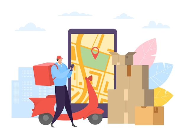 Vector online delivery courier service vector illustration order box package near smartphone with map