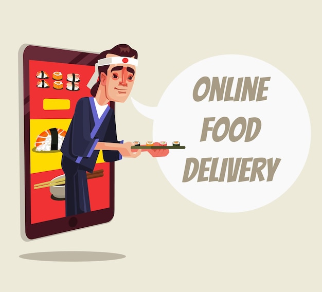 Online delivery food isolated chef character looking out of smartphone and holding sushi food