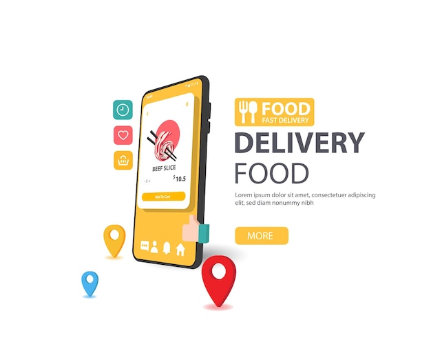 Онлайн-доставка еды на экране смартфона с веб-баннером концепции заказа еды из говядины