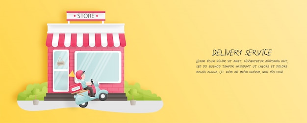 Online delivery from store with delivery boy on a scooter.Paper cut style.  illustration.