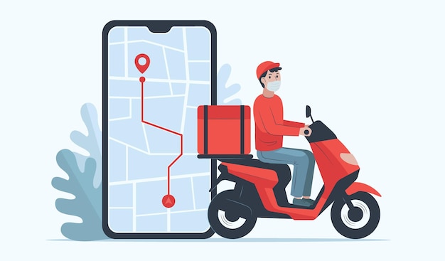 Vettore consegna online su applicazione mobile, fattorino indossa la maschera per la protezione covid-19
