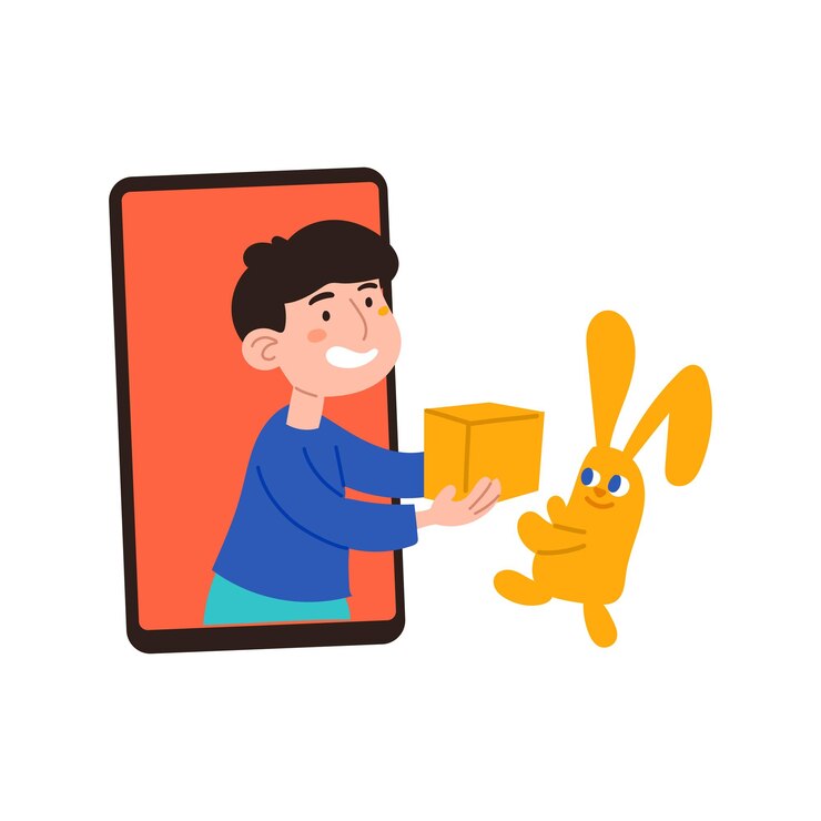 Online delivery Safe fast delivery by air to anywhere in the world order box clock shield calendar parcel trolley Order concept Flat style Man in a blue tshirt on a white background