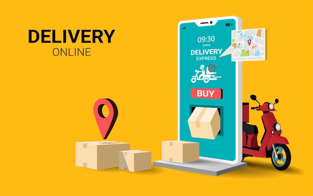 Online delivery service concept fast delivery on mobile by scooter online orderinternet ecommerce tracking logistics webpageapp design 3d vector illustration yellow background