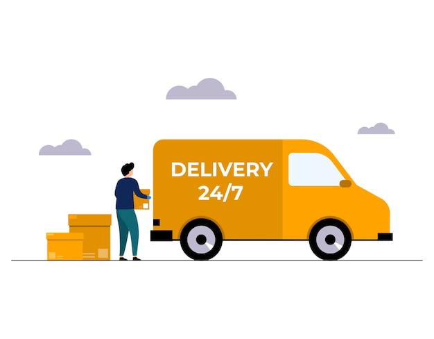 Online delivery service concept home and office delivery warehouse truck scooter courier