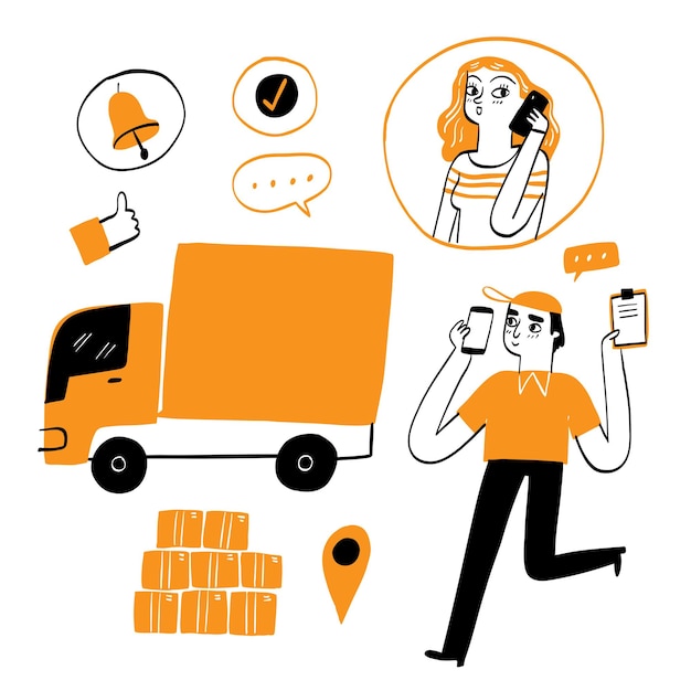 Vector online delivery service concept, online order tracking, delivery home and office. city logistics, truck, courier, delivery man, on mobile, hand drawn vector illustration