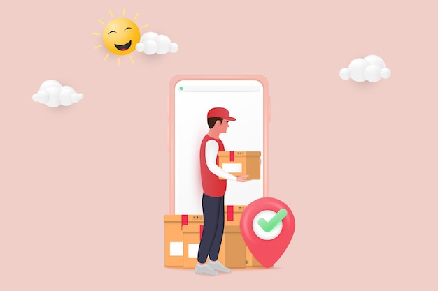 Online delivery service or delivery tracking mobile application concept delivery man holding packing coming out from the screen of mobile phone 3d vector illustration