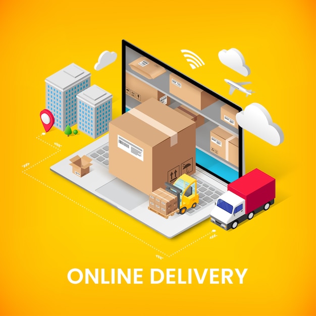 Online delivery service isometric concept with storage in laptop, parcel box, truck, buildings. logistic advert 3d banner design. illustration for web, mobile app, infographics