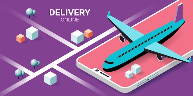 Online delivery service on mobile global logistic transportation online order air freight logistics airplane warehouse and parcel box concept for website or banner isometric vector illustration