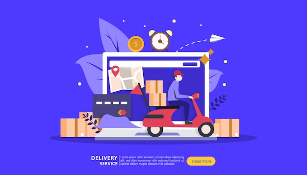 Online Delivery service. order express tracking concept with tiny character and cargo box truck.