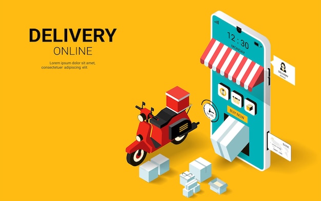 Online delivery service web banner template fast delivery on mobile by motorcycle online order tracking logistics webpage app design landing page isometric vector illustration