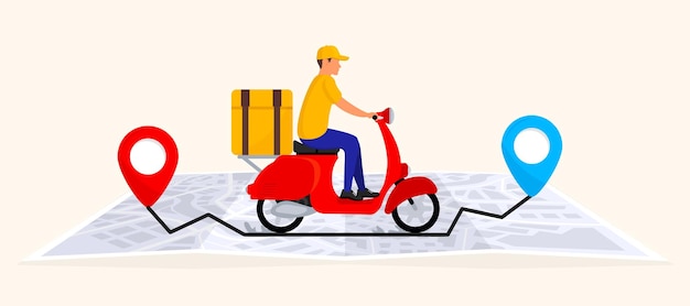 Online delivery service with courier by scooter Fast and free delivery Tracking courier by map with location pin order tracking Urgent shipping Quick delivery service for home and office