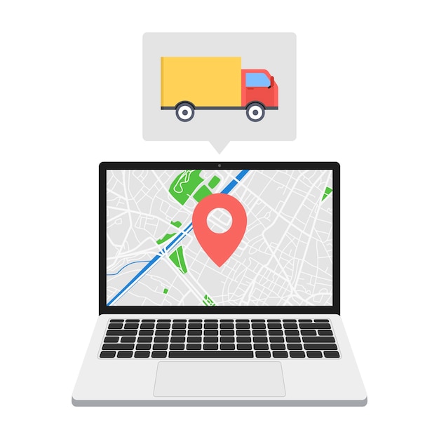 Online delivery service with laptop location pin and delivery van on screen vector