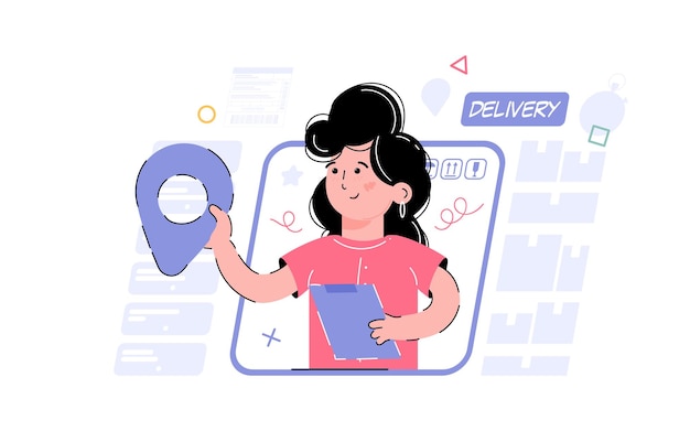 Vector online delivery theme girl holding navigation location label element for the design of presentations applications and websites trend illustration