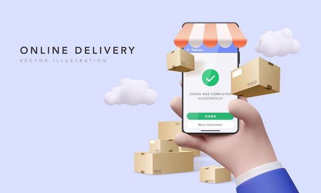 Online delivery via an app on the mobile screen to order products and ship them around the world. Conceptual 3d delivery service for business. Vector illustration