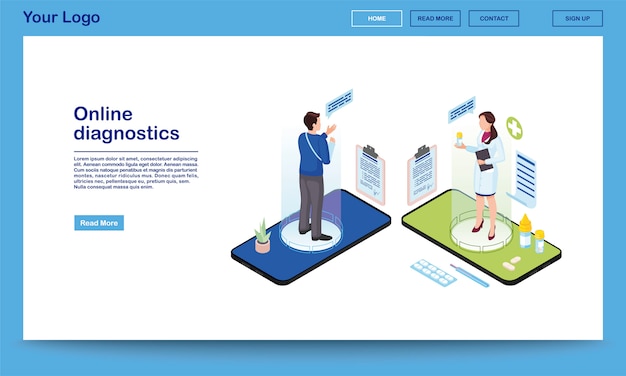 온라인 진단 서비스 아이소 메트릭 웹 사이트 템플릿 외상과 의사 처방 약물, 부러진 팔을 가진 환자를위한 진통제. 3d 의사, 스마트 폰 화면에 클라이언트 홀로그램. 전자 건강 시스템, 방문 페이지