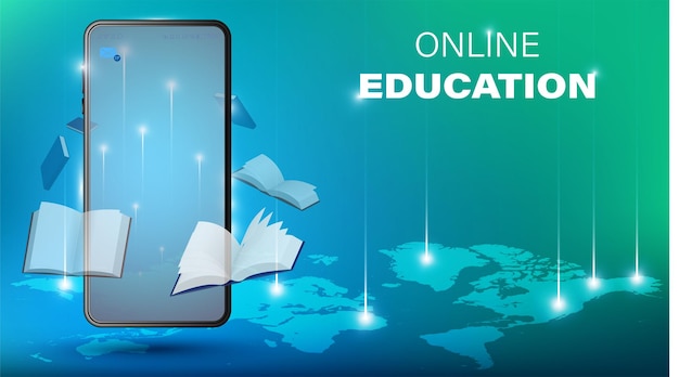 Online digital education back to school Distance learning on mobile devices Teacher is teaching lesson all over the world via mobile phone Background for website Vector