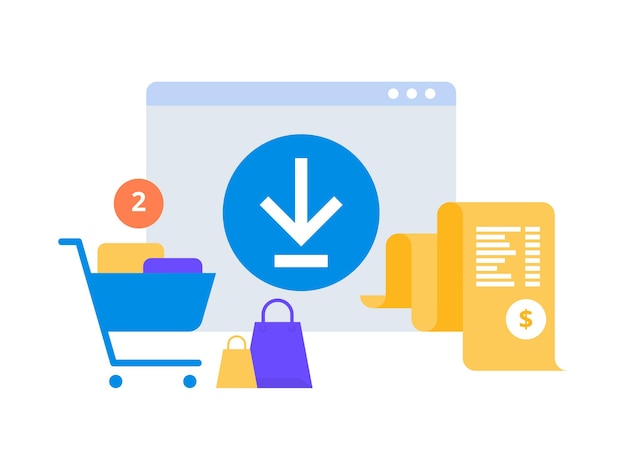 オンラインのデジタル請求書。請求書の請求書用紙とショッピング カートを備えたモバイル アプリ。アプリケーションでの領収書。オンライン支払い、金融、税金のコンセプト。フラットスタイル