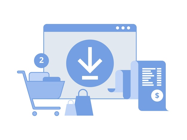 Online digital invoice. Mobile app with invoice bill paper and shopping cart. Receipt in application. Concept of online payment, finance, tax.