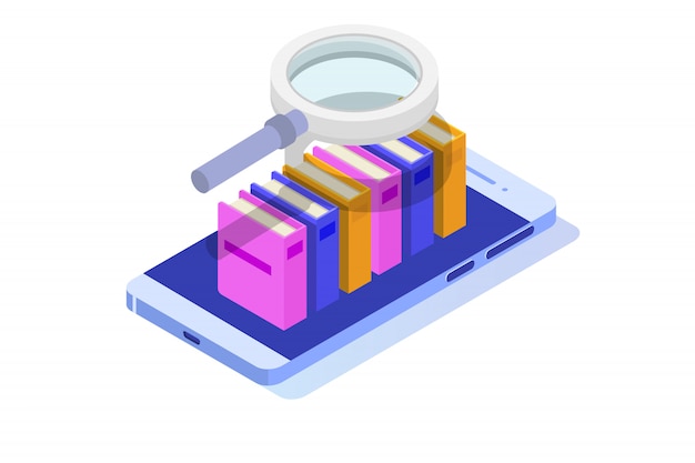 Online digital library isometric, online book shop, e-learning, ebook.  illustration.