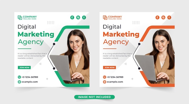 Online digital marketing social media post vector with a photo placeholder Modern company promotion template vector for online marketing Marketing agency web banner with green and orange colors