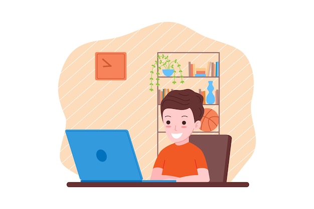 online distance learning. the boy is studying with a computer online from home. back to school concept. vector illustration in a flat style.