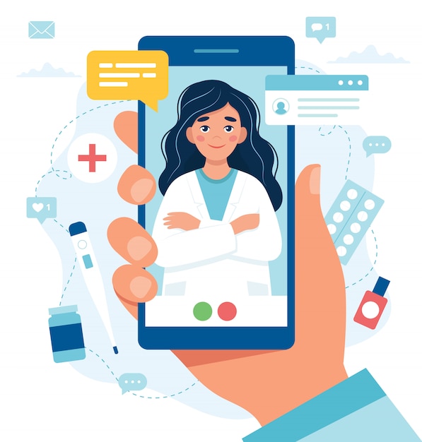 Vector online doctor appointment. female doctor on the smartphone screen.