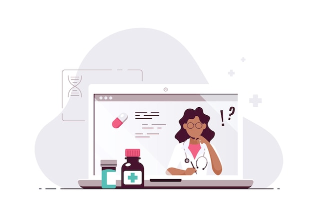 Vector online doctor concept, consultation and diagnosis. black woman doctor on laptop screen. flat style illustration isolated