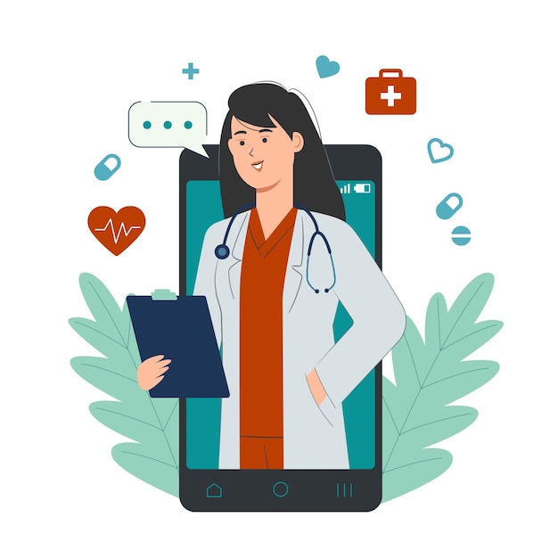 Vector online doctor concept with female doctor character on smartphone screen