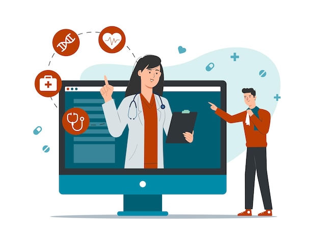 Online doctor concept with female doctor on computer screen meeting a patient