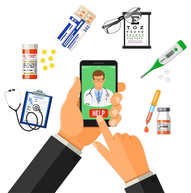 Онлайн-концепция врача с плоскими значками рук смартфон рецепт стетоскоп таблетки термометр