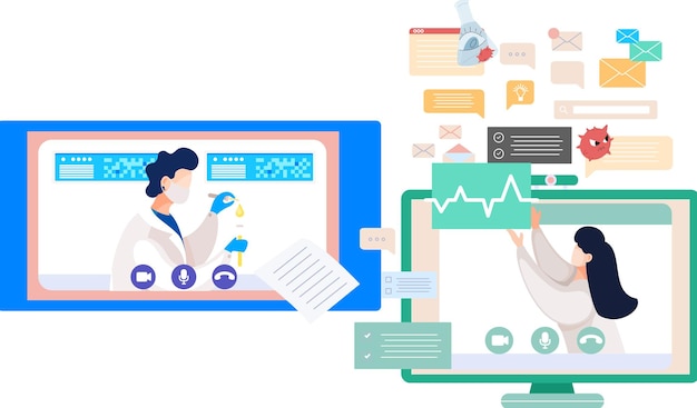 online doctor conference consultation via your smartphone concept for medical app and websites remote meetings of scientists conferring on fight against viruses and scientific researches