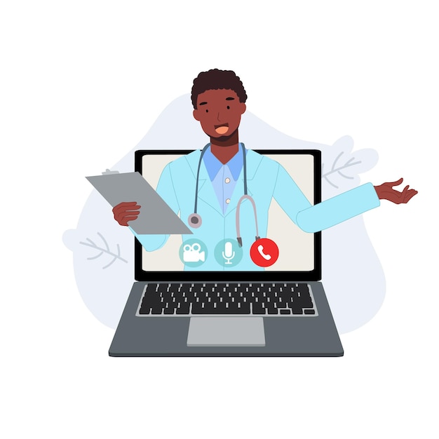 Vettore concetto di consulente medico online terapista africano maschio in chat nel laptop chiedi al medico consulenza medica online o servizio di consulenza tele medicina illustrazione piatta vettoriale