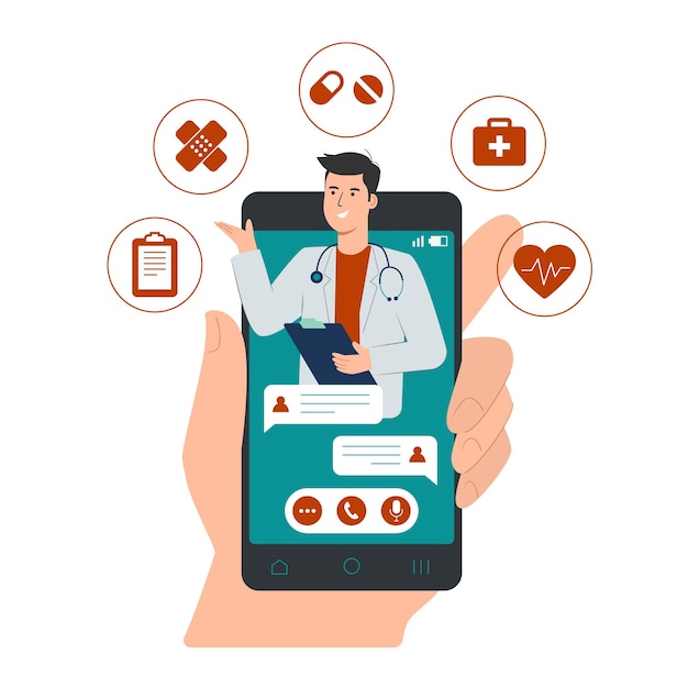 Vettore concetto di consultazione medica online con medico maschio sul display dello smartphone